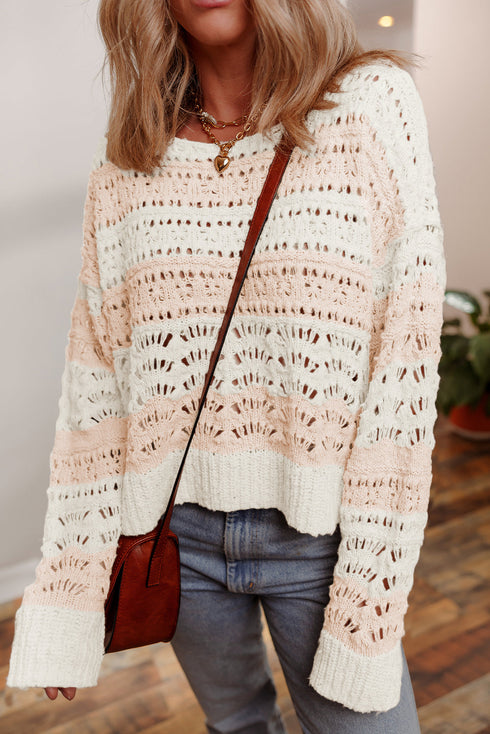Striped Open Knit Crew Neck Pullover Sweater