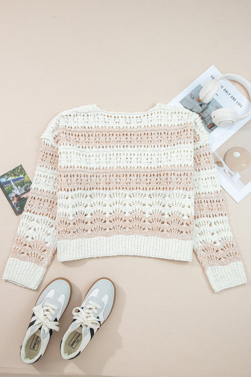Striped Open Knit Crew Neck Pullover Sweater