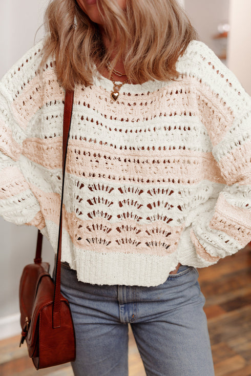 Striped Open Knit Crew Neck Pullover Sweater