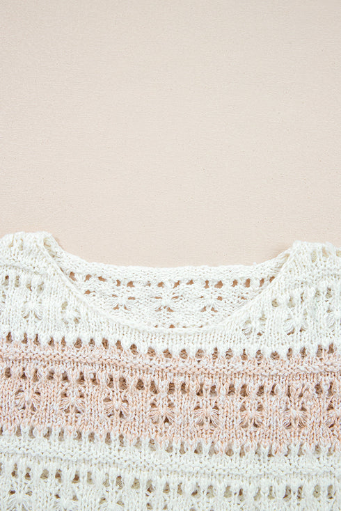 Striped Open Knit Crew Neck Pullover Sweater