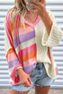 Striped Open Knit V Neck Hooded Sweater