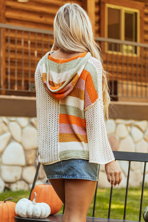 Striped Open Knit V Neck Hooded Sweater