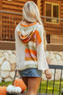 Striped Open Knit V Neck Hooded Sweater