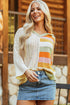 Striped Open Knit V Neck Hooded Sweater