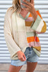 Striped Open Knit V Neck Hooded Sweater