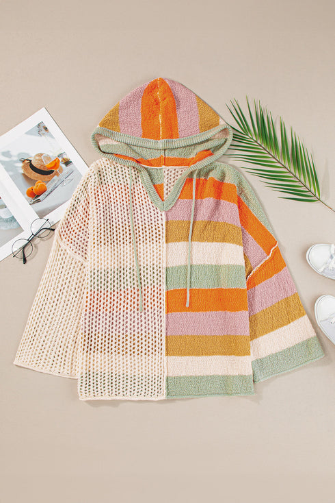 Striped Open Knit V Neck Hooded Sweater