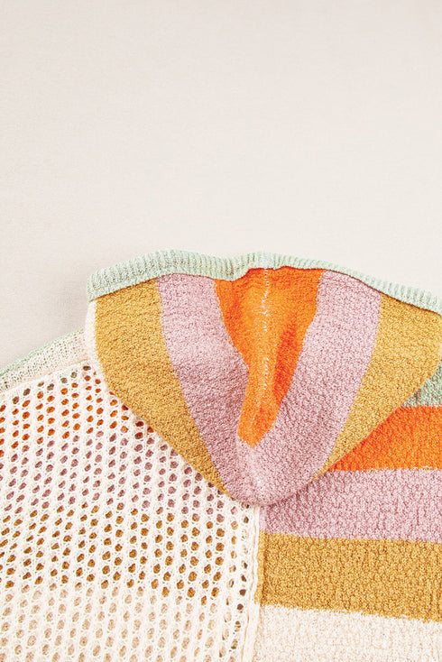Striped Open Knit V Neck Hooded Sweater