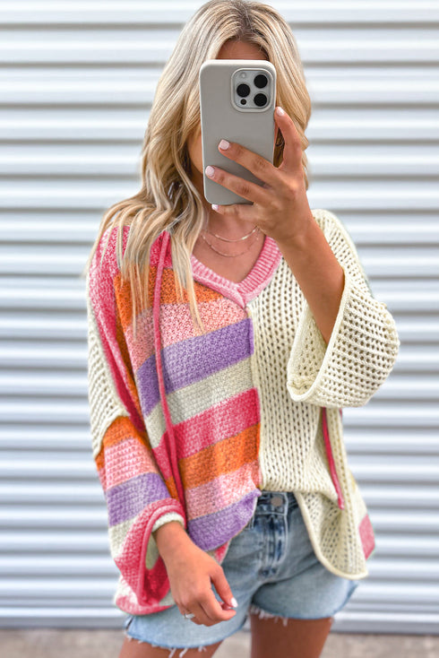 Striped Open Knit V Neck Hooded Sweater
