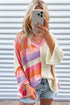 Striped Open Knit V Neck Hooded Sweater