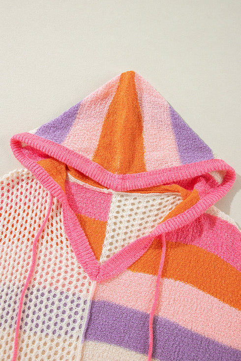 Striped Open Knit V Neck Hooded Sweater