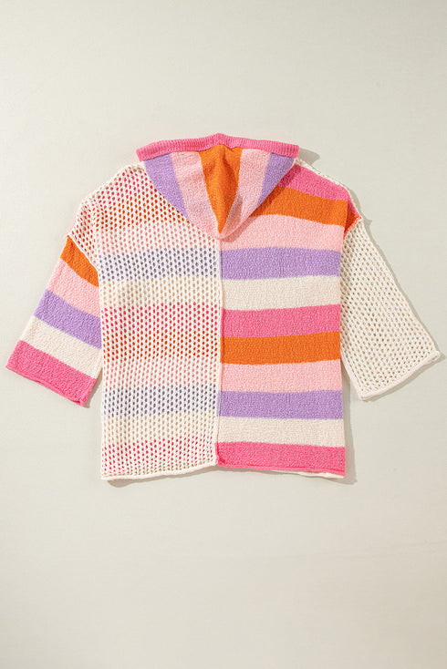 Striped Open Knit V Neck Hooded Sweater