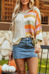 Striped Open Knit V Neck Hooded Sweater