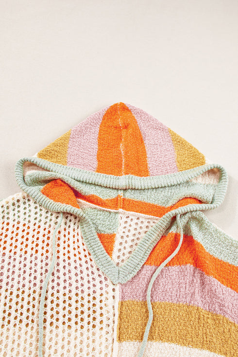Striped Open Knit V Neck Hooded Sweater