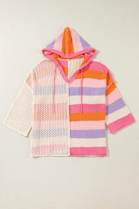Striped Open Knit V Neck Hooded Sweater