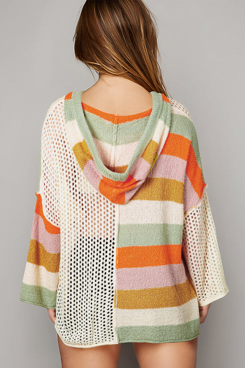 Striped Open Knit V Neck Hooded Sweater