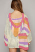 Striped Open Knit V Neck Hooded Sweater