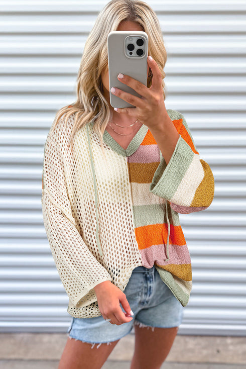 Striped Open Knit V Neck Hooded Sweater