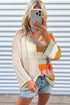 Striped Open Knit V Neck Hooded Sweater