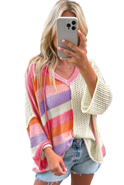 Striped Open Knit V Neck Hooded Sweater