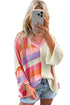 Striped Open Knit V Neck Hooded Sweater