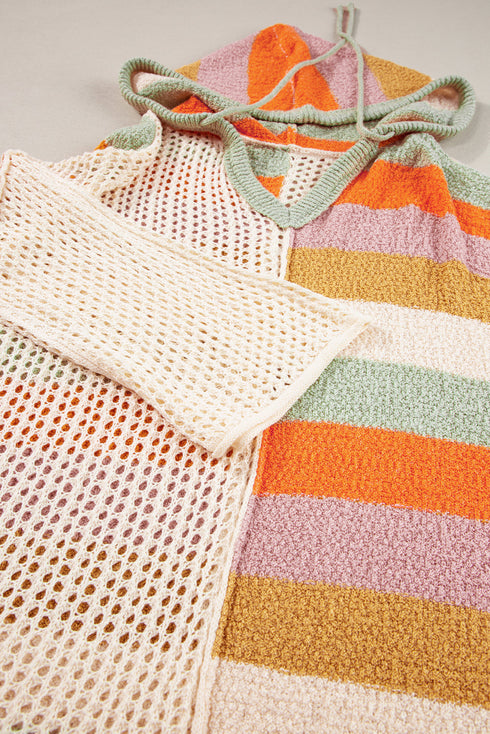 Striped Open Knit V Neck Hooded Sweater