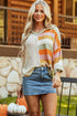 Striped Open Knit V Neck Hooded Sweater