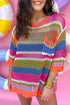 Striped Open Stitch Crew Neck Pullover Sweater