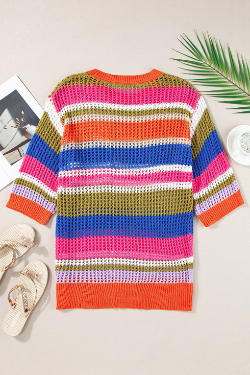 Striped Open Stitch Crew Neck Pullover Sweater
