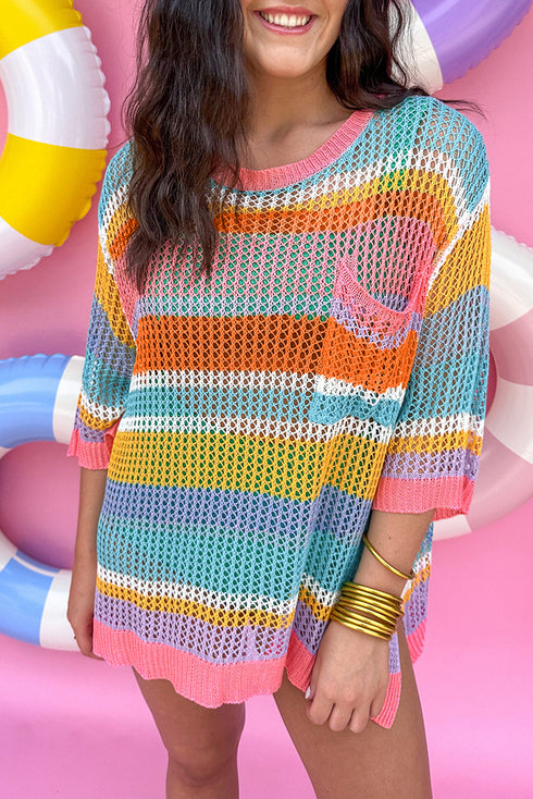 Striped Open Stitch Crew Neck Pullover Sweater