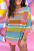 Striped Open Stitch Crew Neck Pullover Sweater