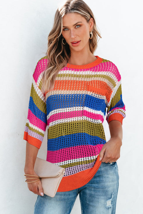 Striped Open Stitch Crew Neck Pullover Sweater