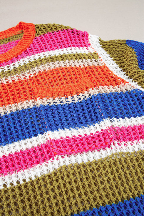 Striped Open Stitch Crew Neck Pullover Sweater