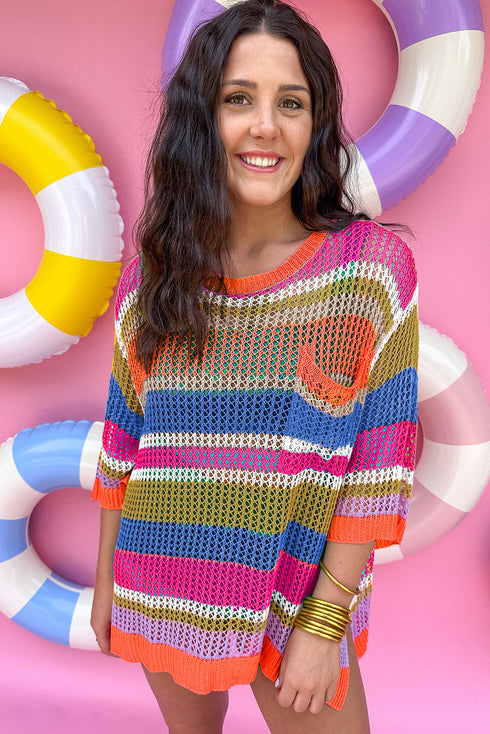 Striped Open Stitch Crew Neck Pullover Sweater
