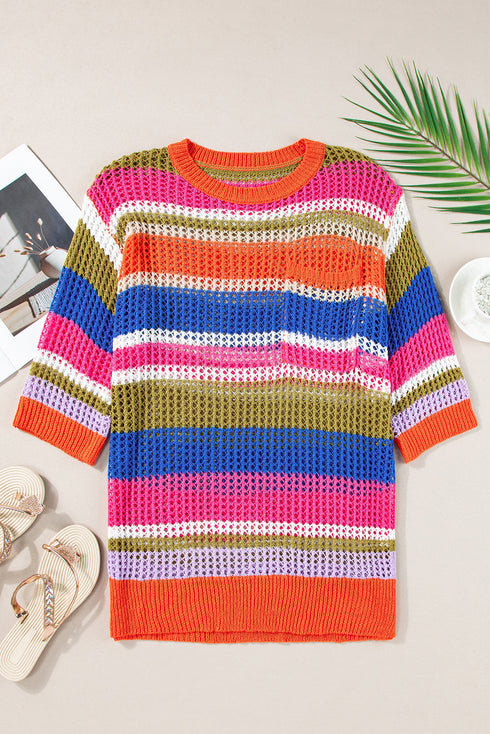 Striped Open Stitch Crew Neck Pullover Sweater
