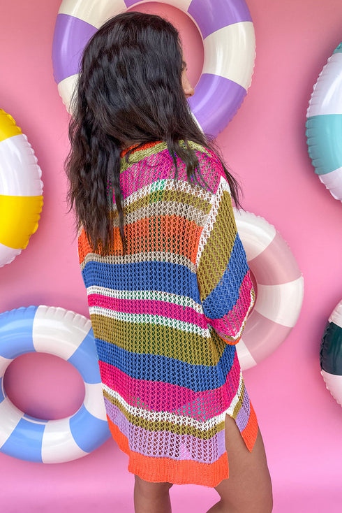 Striped Open Stitch Crew Neck Pullover Sweater