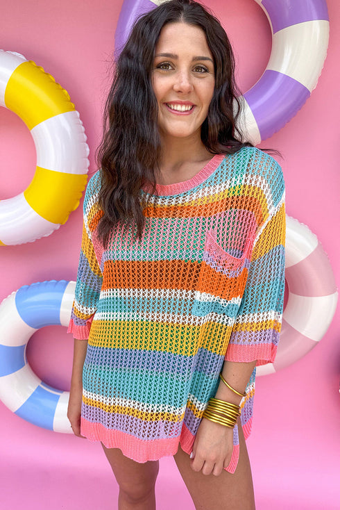 Striped Open Stitch Crew Neck Pullover Sweater
