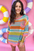 Striped Open Stitch Crew Neck Pullover Sweater