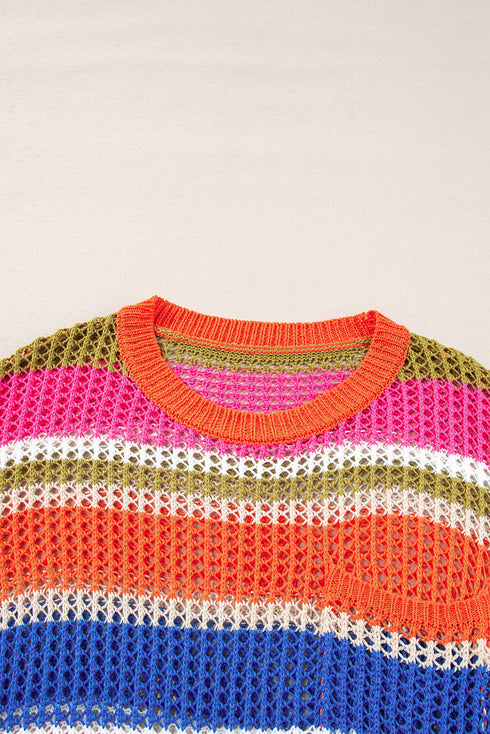 Striped Open Stitch Crew Neck Pullover Sweater