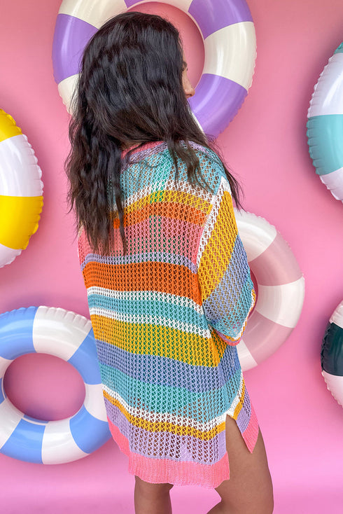 Striped Open Stitch Crew Neck Pullover Sweater