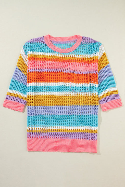Striped Open Stitch Crew Neck Pullover Sweater