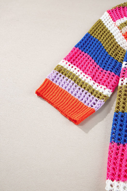 Striped Open Stitch Crew Neck Pullover Sweater