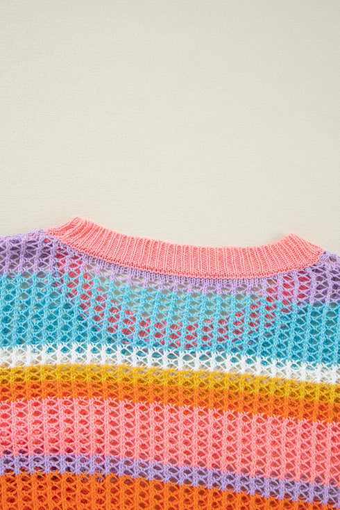 Striped Open Stitch Crew Neck Pullover Sweater