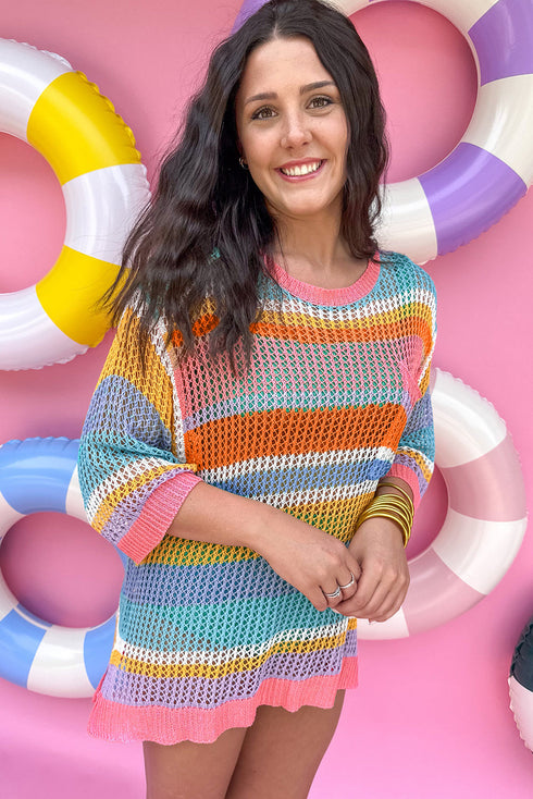 Striped Open Stitch Crew Neck Pullover Sweater
