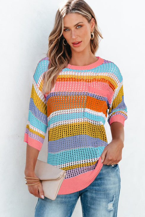 Striped Open Stitch Crew Neck Pullover Sweater