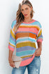 Striped Open Stitch Crew Neck Pullover Sweater