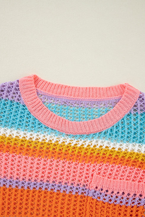 Striped Open Stitch Crew Neck Pullover Sweater