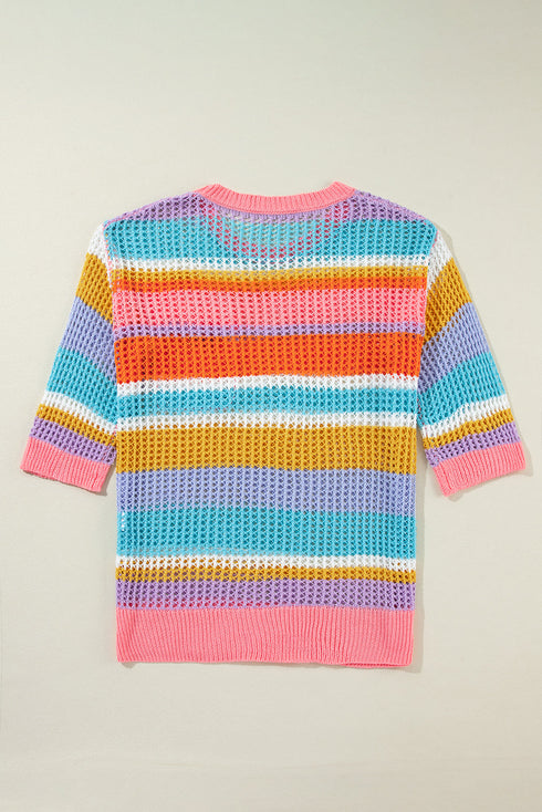 Striped Open Stitch Crew Neck Pullover Sweater