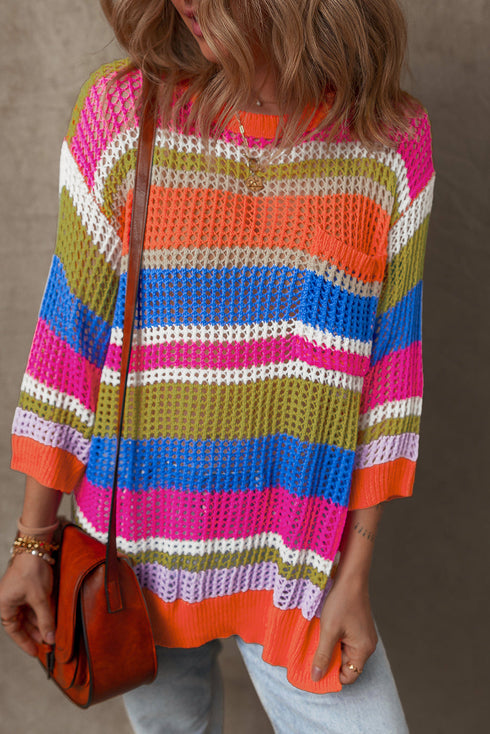Striped Open Stitch Crew Neck Pullover Sweater