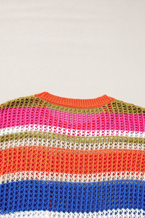 Striped Open Stitch Crew Neck Pullover Sweater