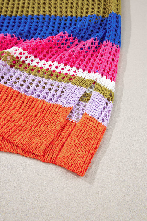 Striped Open Stitch Crew Neck Pullover Sweater